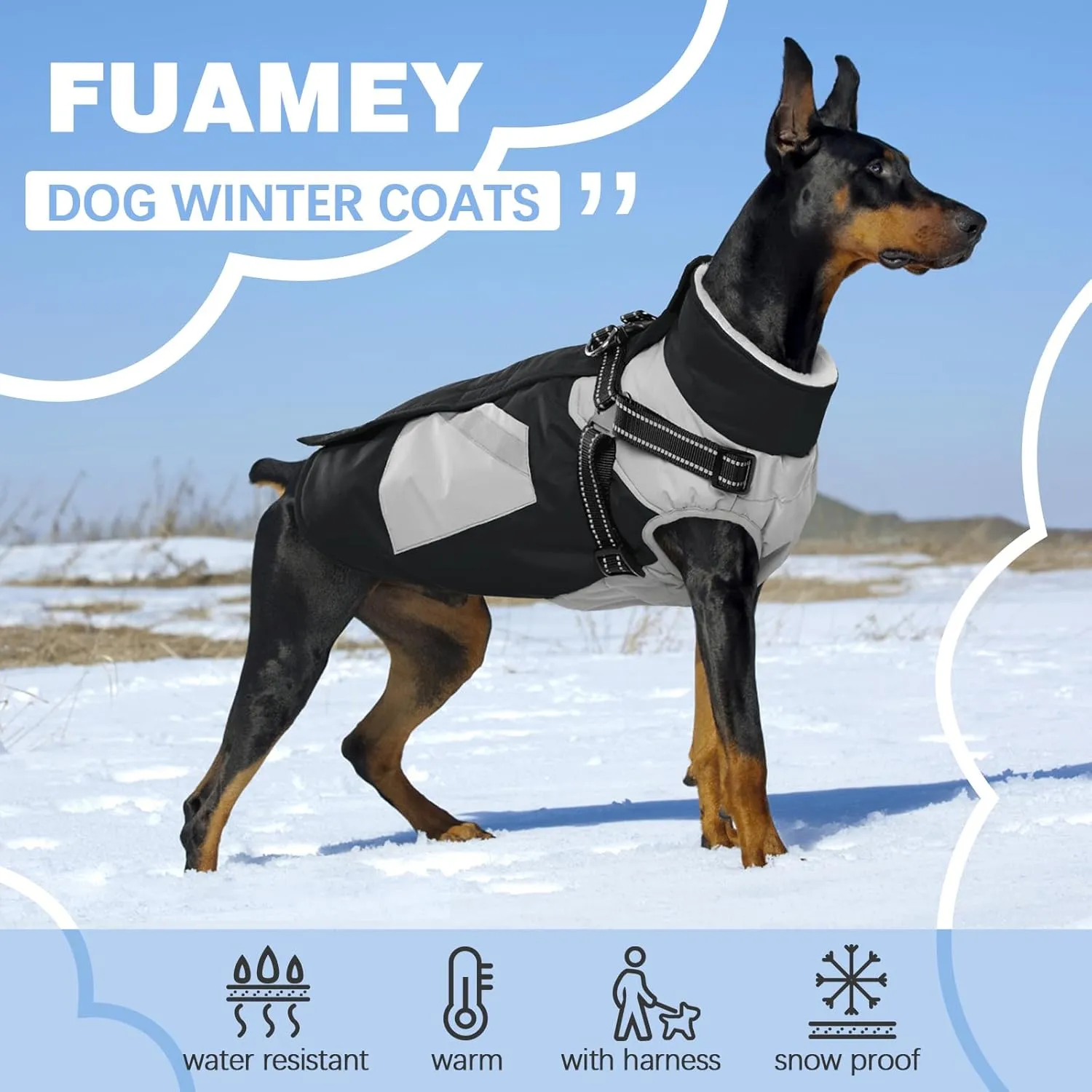 FUAMEY Dog Jacket - Waterproof & Reflective, Built-in Harness, Winter Coat with Zipper, Small Dog Size, Black with Poop Bag Pockets