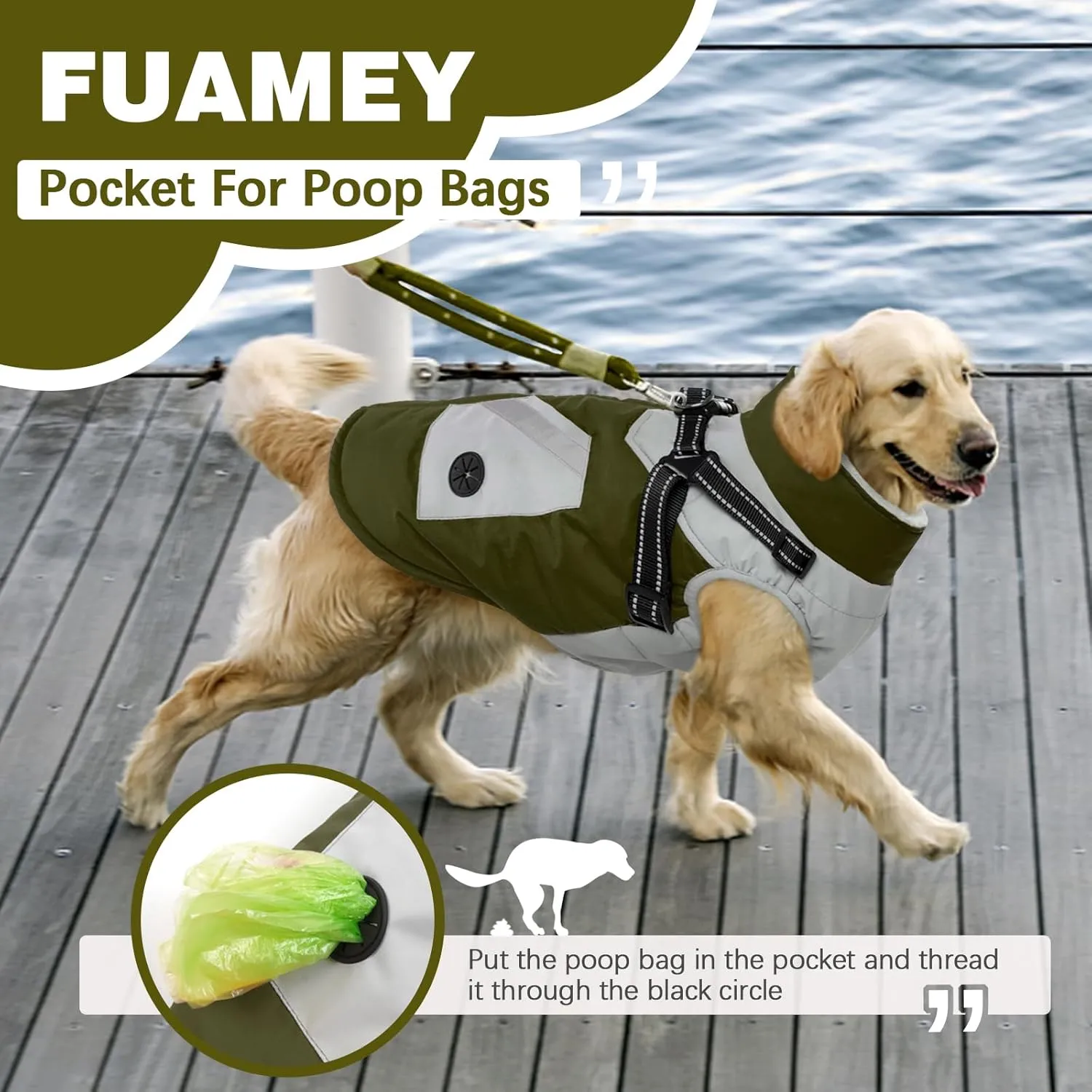 FUAMEY Dog Jacket - Waterproof Coat with Built-in Harness & Reflective Vest, Green S, Small Dogs
