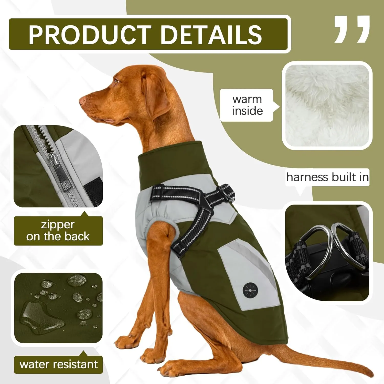 FUAMEY Dog Jacket - Waterproof Coat with Built-in Harness & Reflective Vest, Green S, Small Dogs