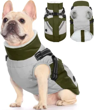 FUAMEY Dog Jacket - Waterproof Coat with Built-in Harness & Reflective Vest, Green S, Small Dogs