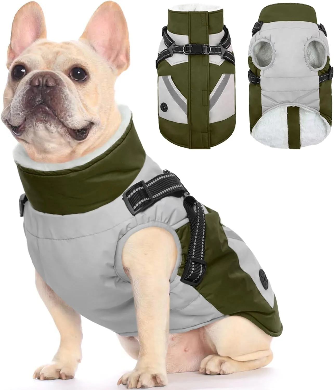 FUAMEY Dog Jacket - Waterproof Coat with Built-in Harness & Reflective Vest, Green S, Small Dogs