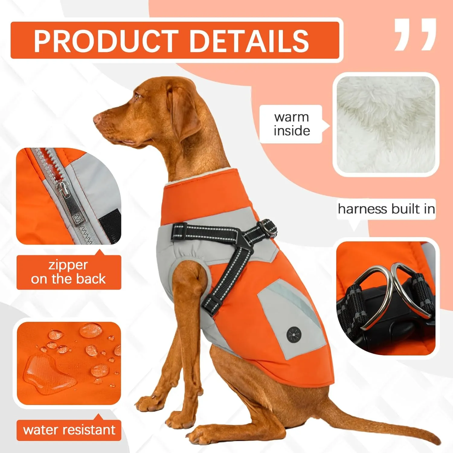 FUAMEY Dog Jacket - Waterproof Winter Coat with Built-in Harness - Reflective Vest for Small Dogs - Orange S