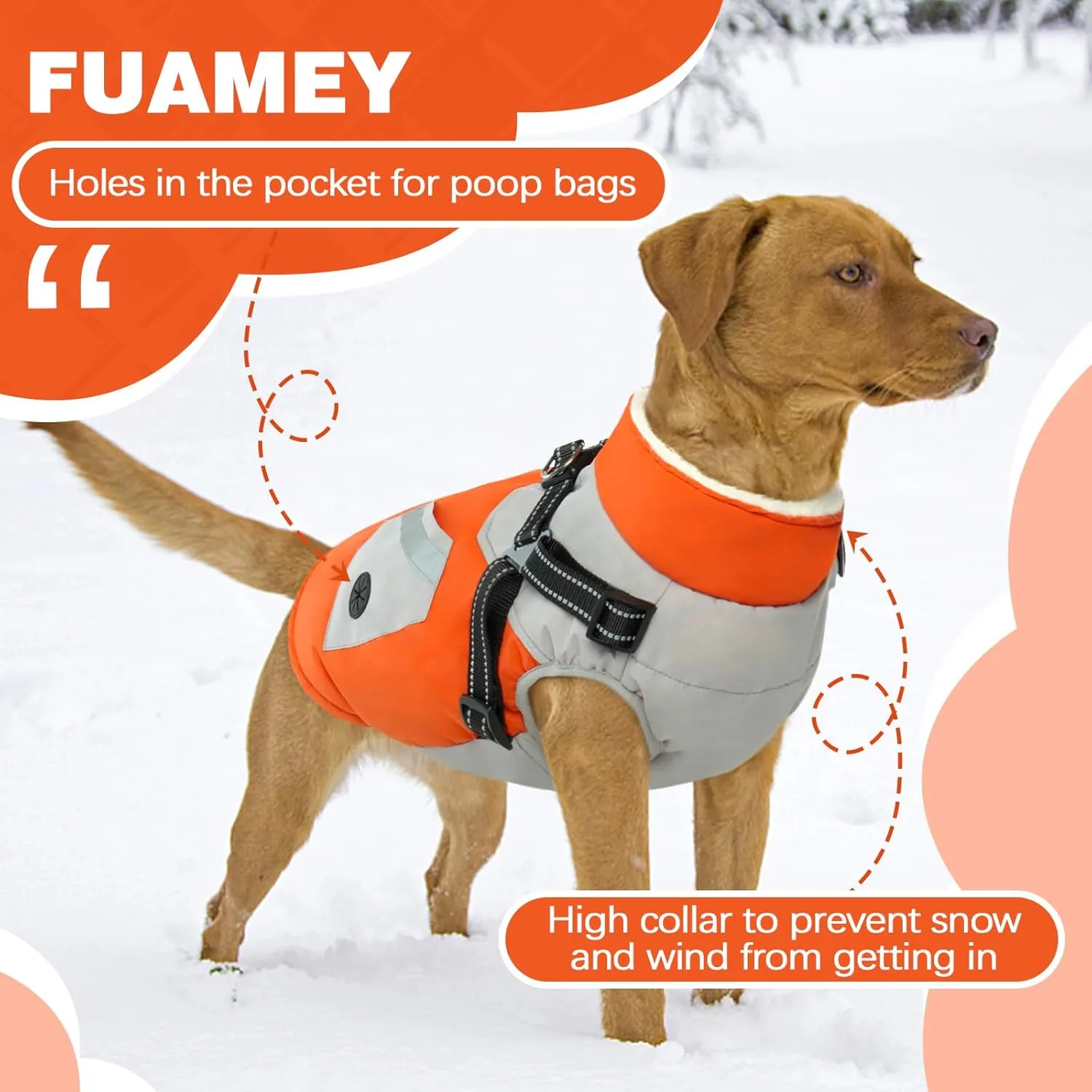 FUAMEY Dog Jacket - Waterproof Winter Coat with Built-in Harness - Reflective Vest for Small Dogs - Orange S