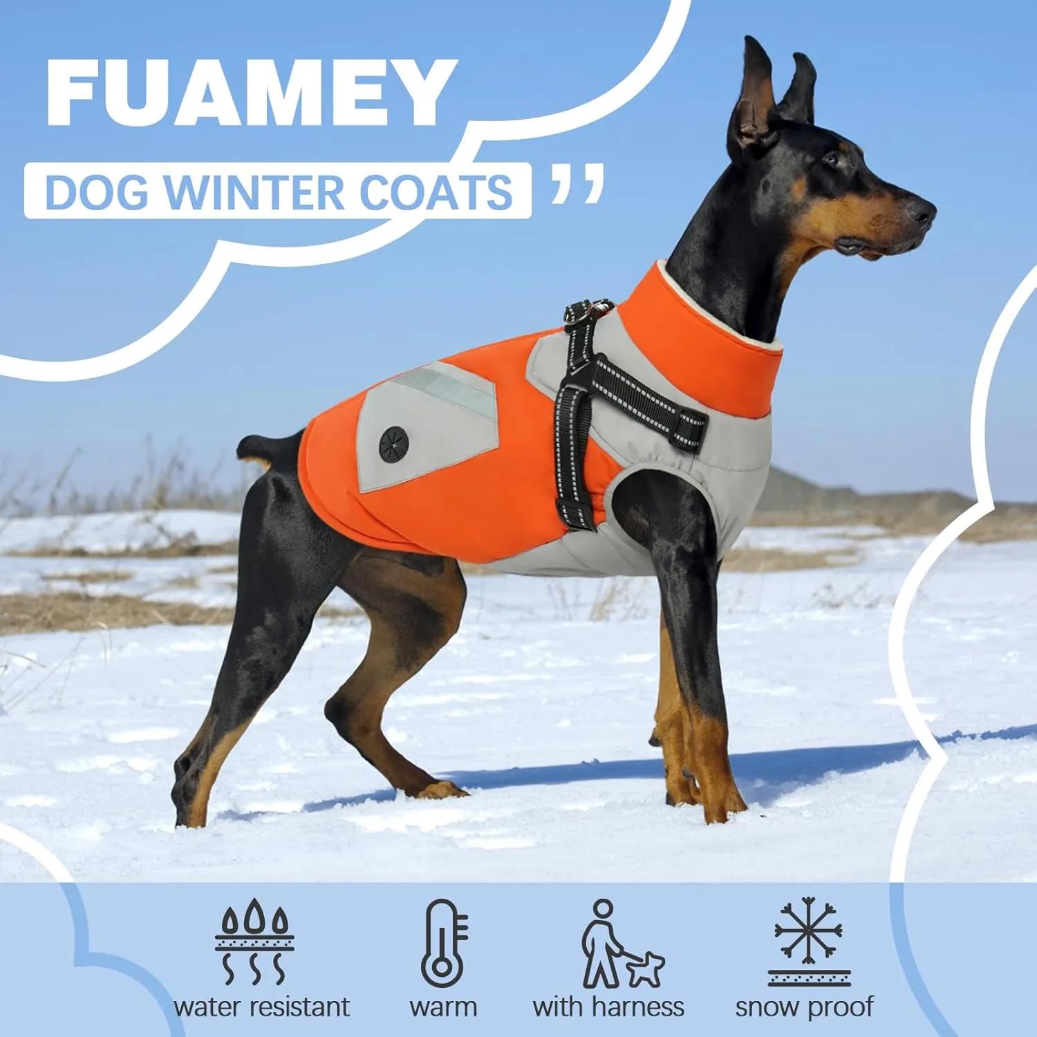 FUAMEY Dog Jacket - Waterproof Winter Coat with Built-in Harness - Reflective Vest for Small Dogs - Orange S
