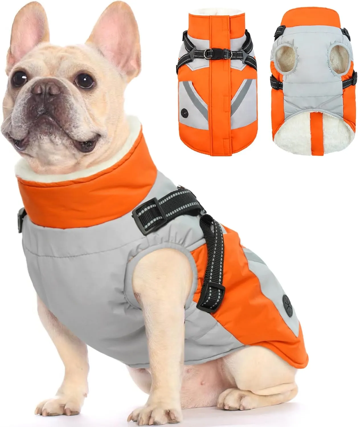 FUAMEY Dog Jacket - Waterproof Winter Coat with Built-in Harness - Reflective Vest for Small Dogs - Orange S