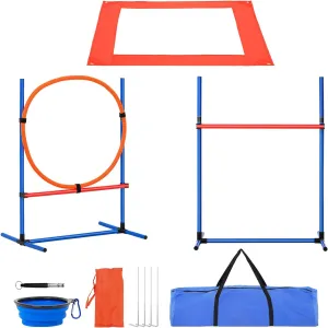 Happybuy Dog Agility Training Equipment, 4 PCS Set with Adjustable High Hurdles,6 Weave Poles,Jump Ring,Square Pause Box,Whistle,Foldable Bowl, Puppy Obstacle Course Kit for Backyard, Indoor, Outdoor
