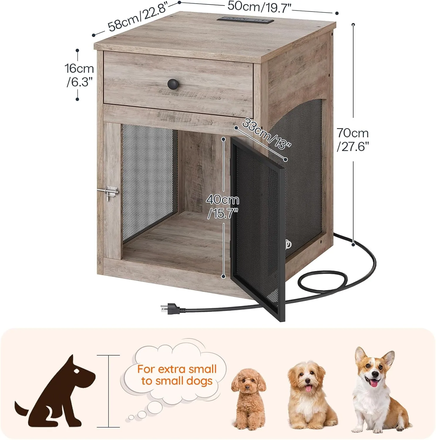 HOOBRO Dog Crate Furniture, Dog Kennel with Drawer and Charging Station, Indoor Decorative Puppy House, Wooden Pet Crate End Table for Small Dogs, Greige and Black BG58UGW03G1
