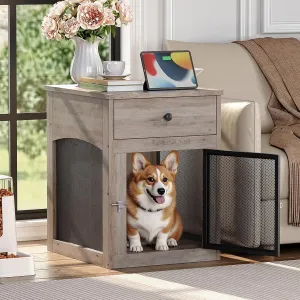 HOOBRO Dog Crate Furniture, Dog Kennel with Drawer and Charging Station, Indoor Decorative Puppy House, Wooden Pet Crate End Table for Small Dogs, Greige and Black BG58UGW03G1