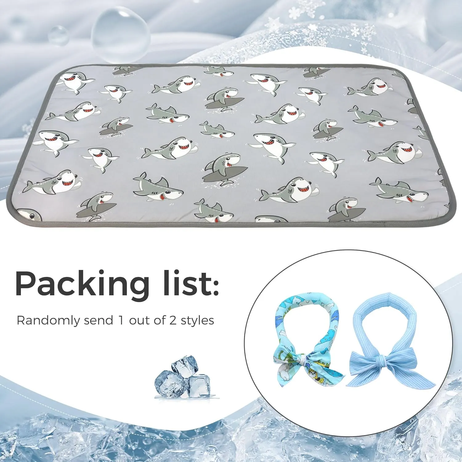 Hotumn Dog Cooling Mat with Free Bandana,Summer Cooling Pad for Small Medium Dogs, Machine Washable for Indoor Use on Beds, Sofas, and in Cars (Grey Shark, Large)