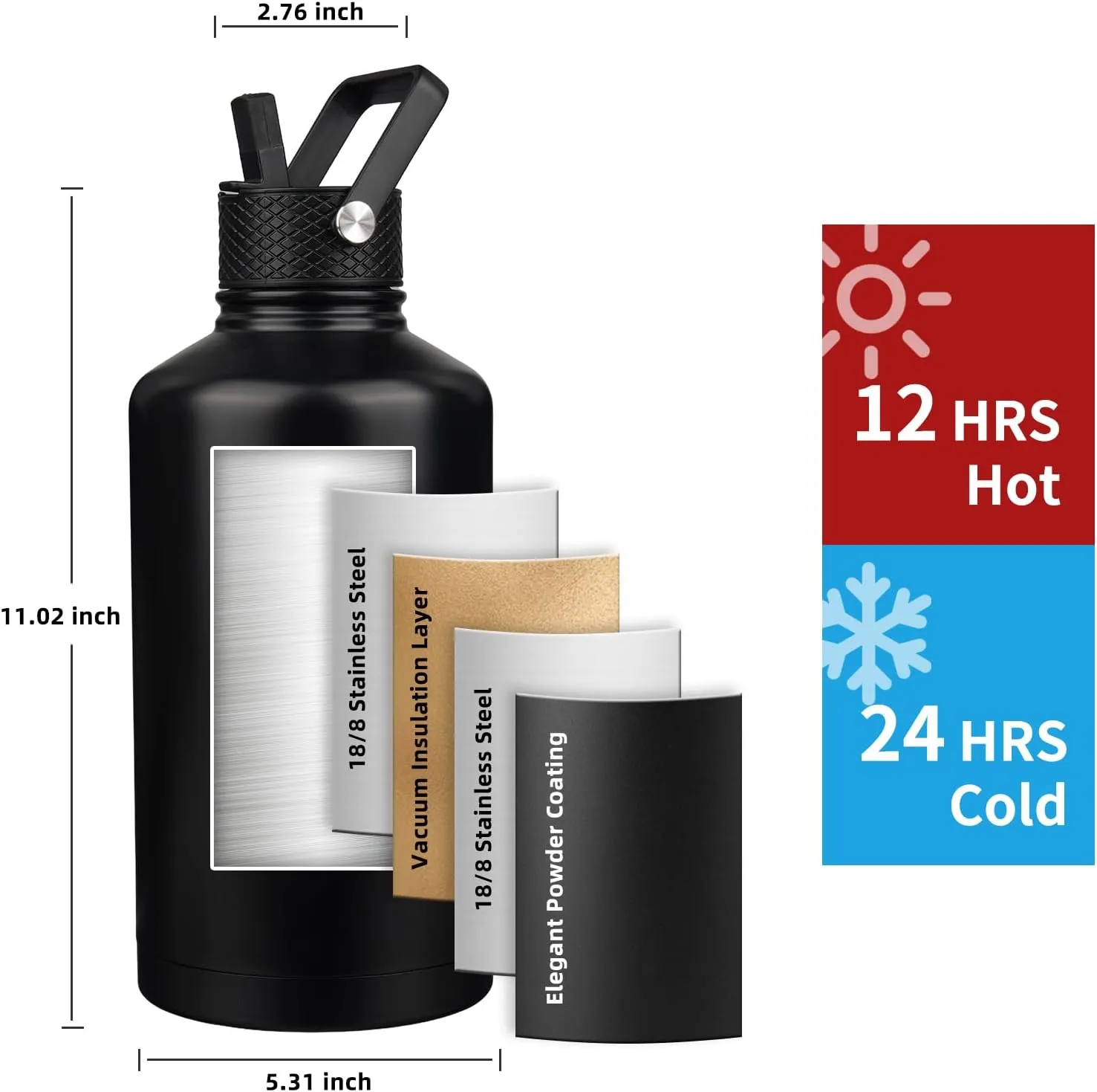 Insulated Water Bottle 87oz,Triple Wall Vacuum Stainless Steel(Dishwasher Safe),Leak Proof & Non-BPA,Flask Jug with Paracord Handle & Straw Spout Lids Sports Black