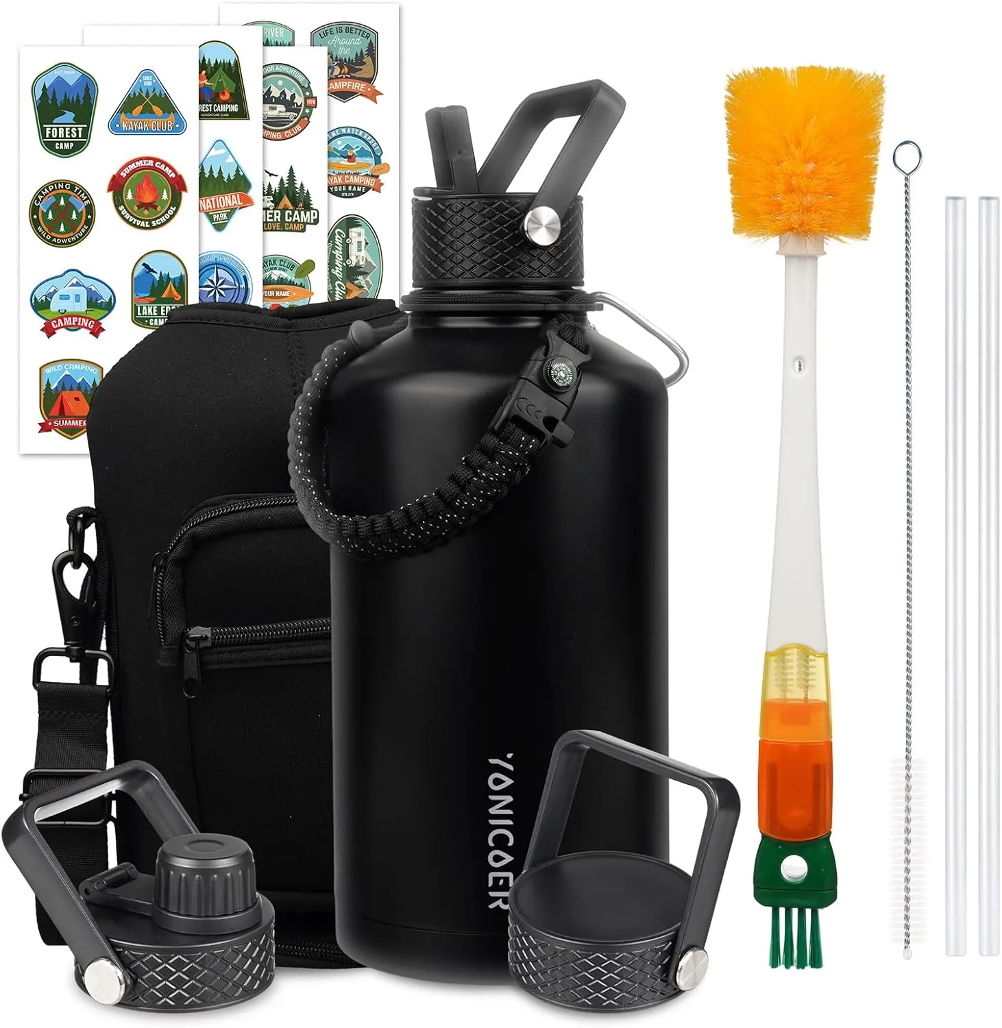 Insulated Water Bottle 87oz,Triple Wall Vacuum Stainless Steel(Dishwasher Safe),Leak Proof & Non-BPA,Flask Jug with Paracord Handle & Straw Spout Lids Sports Black
