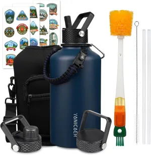 Insulated Water Bottle 87oz,Triple Wall Vacuum Stainless Steel(Dishwasher Safe),Leak Proof & Non-BPA,Flask Jug with Paracord Handle & Straw Spout Lids Sports Navy Blue