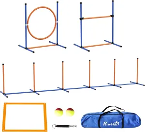 Kaimei Dog Agility Training Equipment Set - 4-Piece Obstacle Course for Dogs with Adjustable Hurdle, Weave Poles, Pause Box, Whistle, and Toy Balls