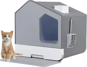 Large Enclosed Cat Litter Box with Mat and Scoop Covered Cat Litter Pan, Gray