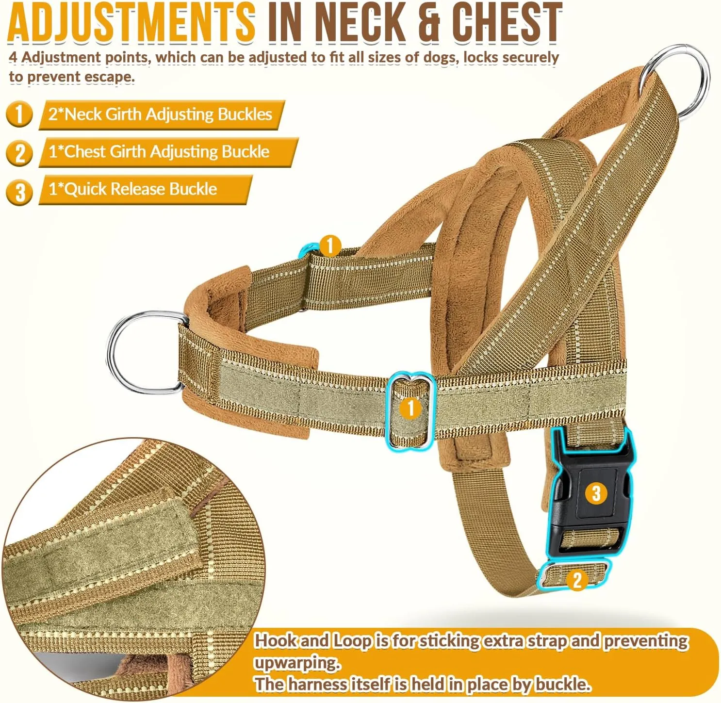 Lukovee No Pull Dog Harness & Leash Set - Heavy Duty Dog Vest Harness with Soft Padded for Medium Large Dogs, Adjustable Reflective Tactical Pet Harness for Easy Walk and Training (L, Yellow)