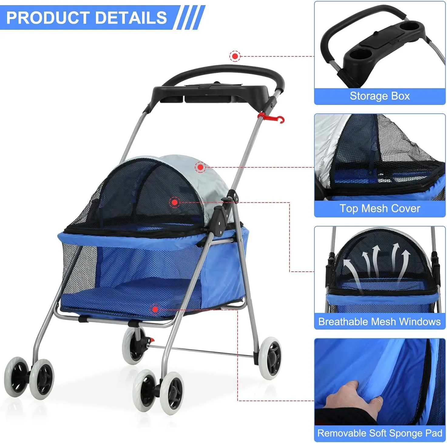 Meet Perfect Pet Stroller for Small Dogs & Cats - Lightweight Pet Travel Roadster - Folding Dog Cart - Easy to Walk Carrier - Blue
