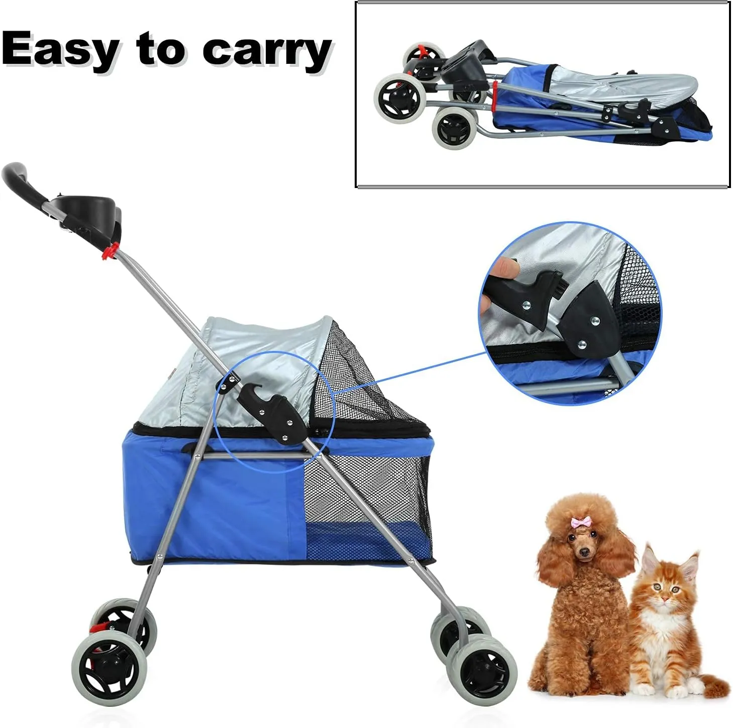 Meet Perfect Pet Stroller for Small Dogs & Cats - Lightweight Pet Travel Roadster - Folding Dog Cart - Easy to Walk Carrier - Blue