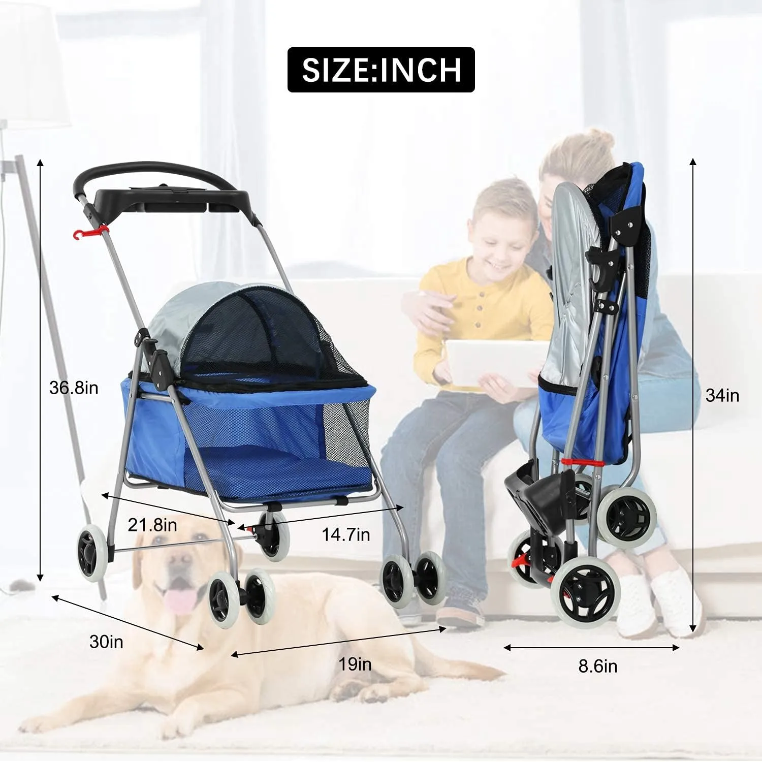Meet Perfect Pet Stroller for Small Dogs & Cats - Lightweight Pet Travel Roadster - Folding Dog Cart - Easy to Walk Carrier - Blue
