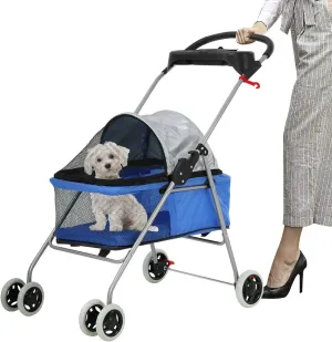 Meet Perfect Pet Stroller for Small Dogs & Cats - Lightweight Pet Travel Roadster - Folding Dog Cart - Easy to Walk Carrier - Blue