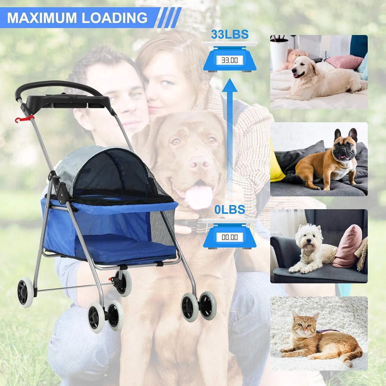 Meet Perfect Pet Stroller for Small Dogs & Cats - Lightweight Pet Travel Roadster - Folding Dog Cart - Easy to Walk Carrier - Blue