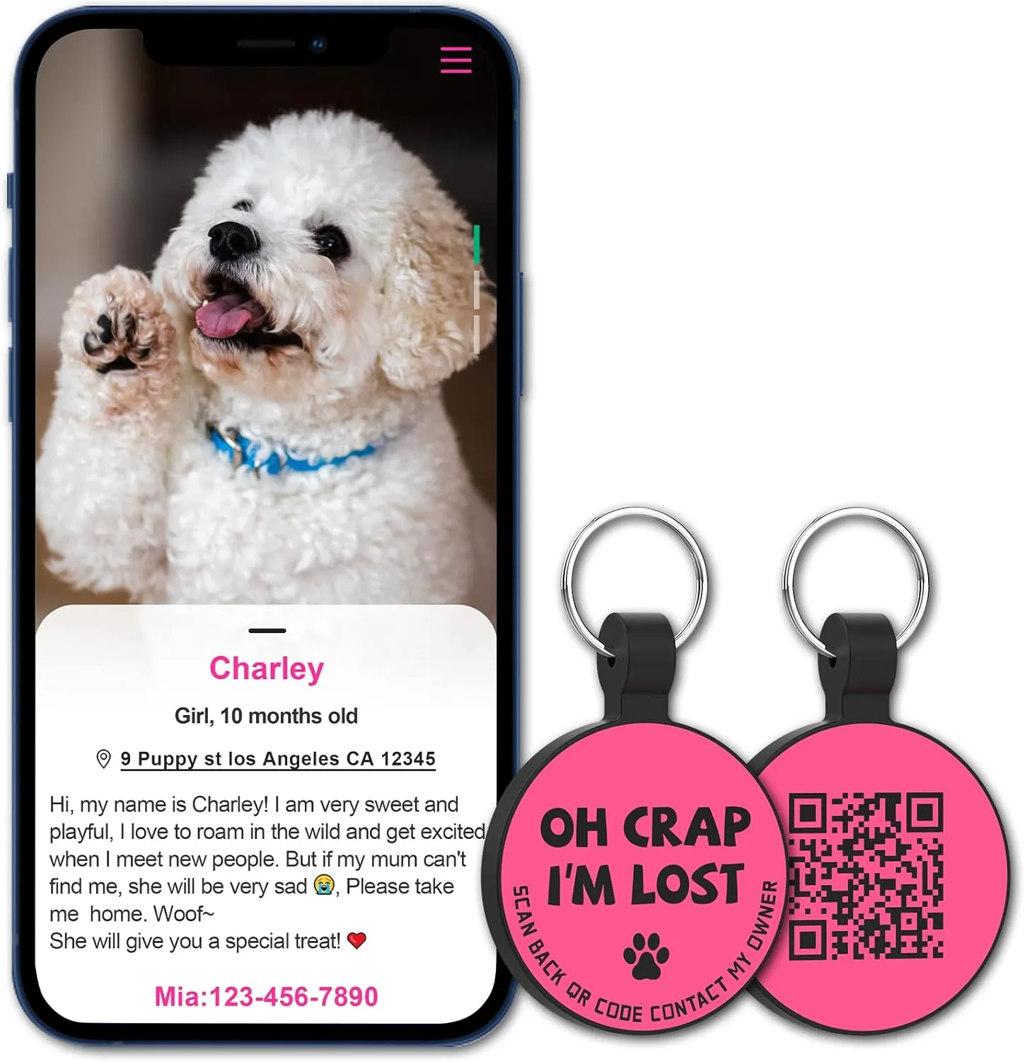 MYLUCKYTAG Silent Silicone QR Code Pet ID Tags Dog Tags - Pet Online Profile - Scan QR Receive Instant Pet Location Alert Email Pink