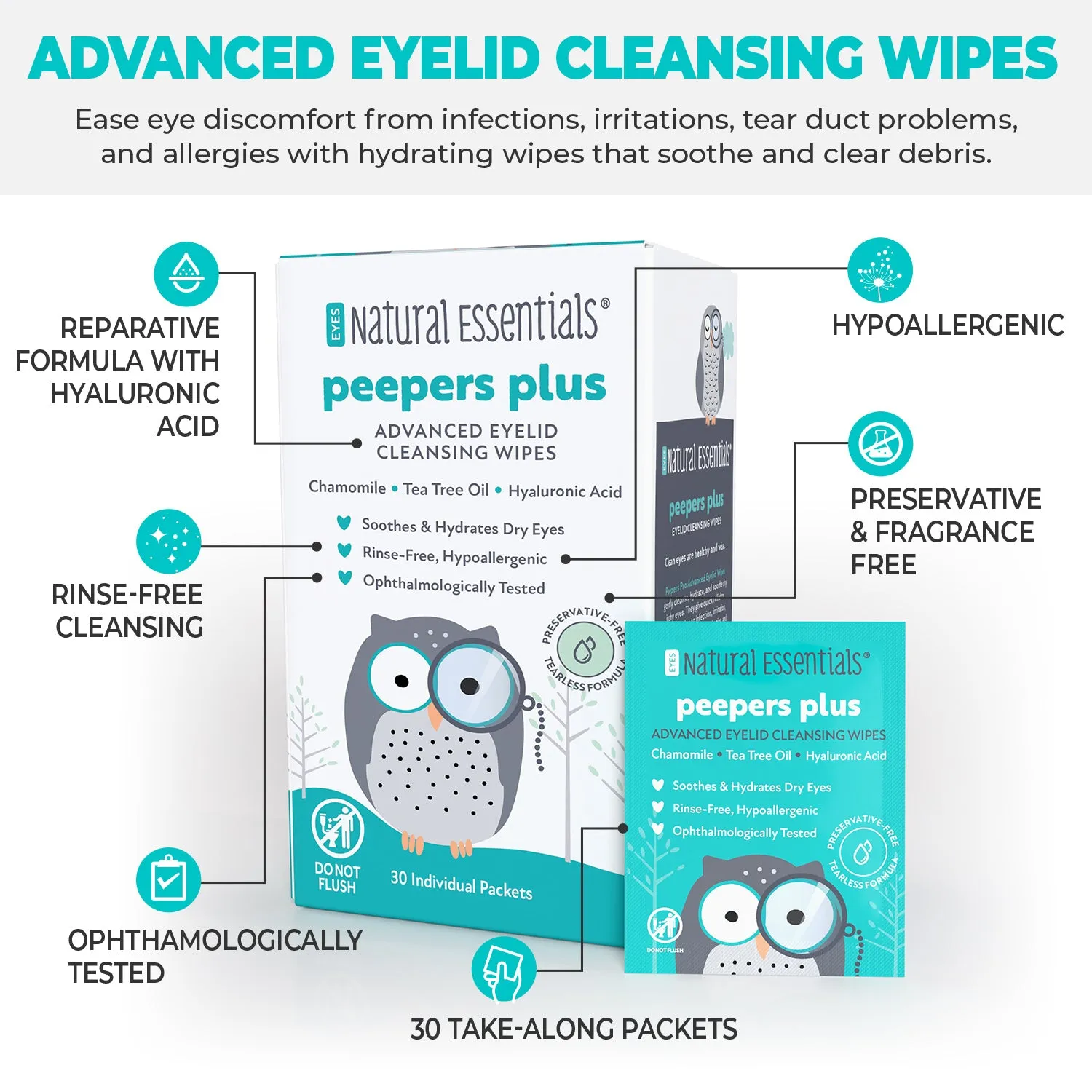 Natural Essentials® Advanced Eyelid Cleansing Wipes | Peepers Plus™ 30 Eye Wipes | Chamomile, Tea Tree, Hyaluronic Acid