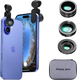 Phone Camera Lens Kit Wide Angle 0.6X Macro 20X Fisheye 198 for Most (Black)