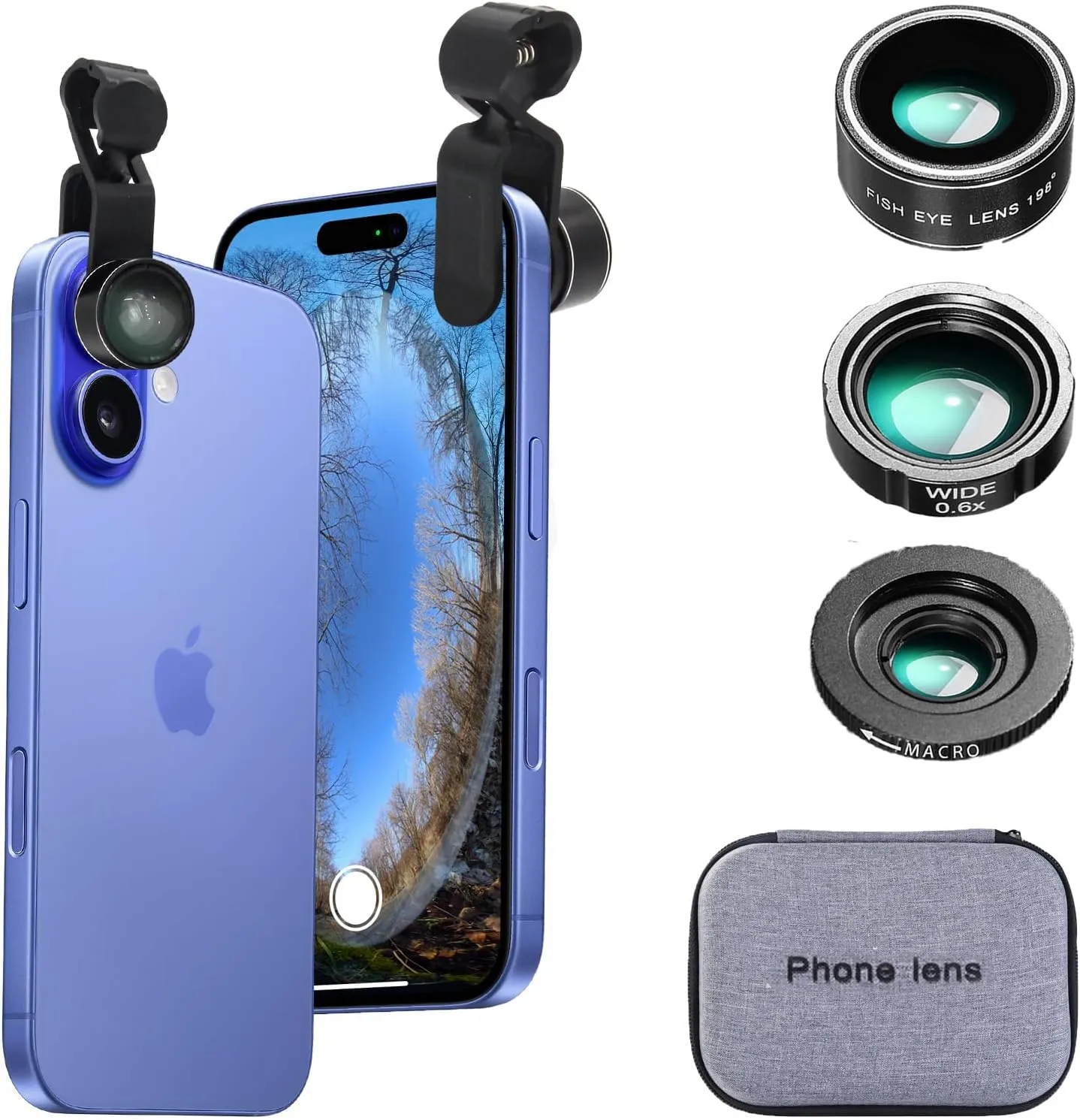 Phone Camera Lens Kit Wide Angle 0.6X Macro 20X Fisheye 198 for Most (Black)