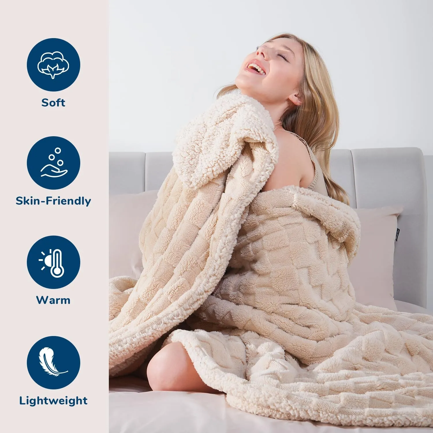 Sherpa Throw Blanket for Couch, Checkered Fleece Warm Blanket for Winter, Soft Fuzzy Cozy Bed Blanket for Women, Reversible Thick Christmas Blanket All Season Use, Beige, 50x60 inches