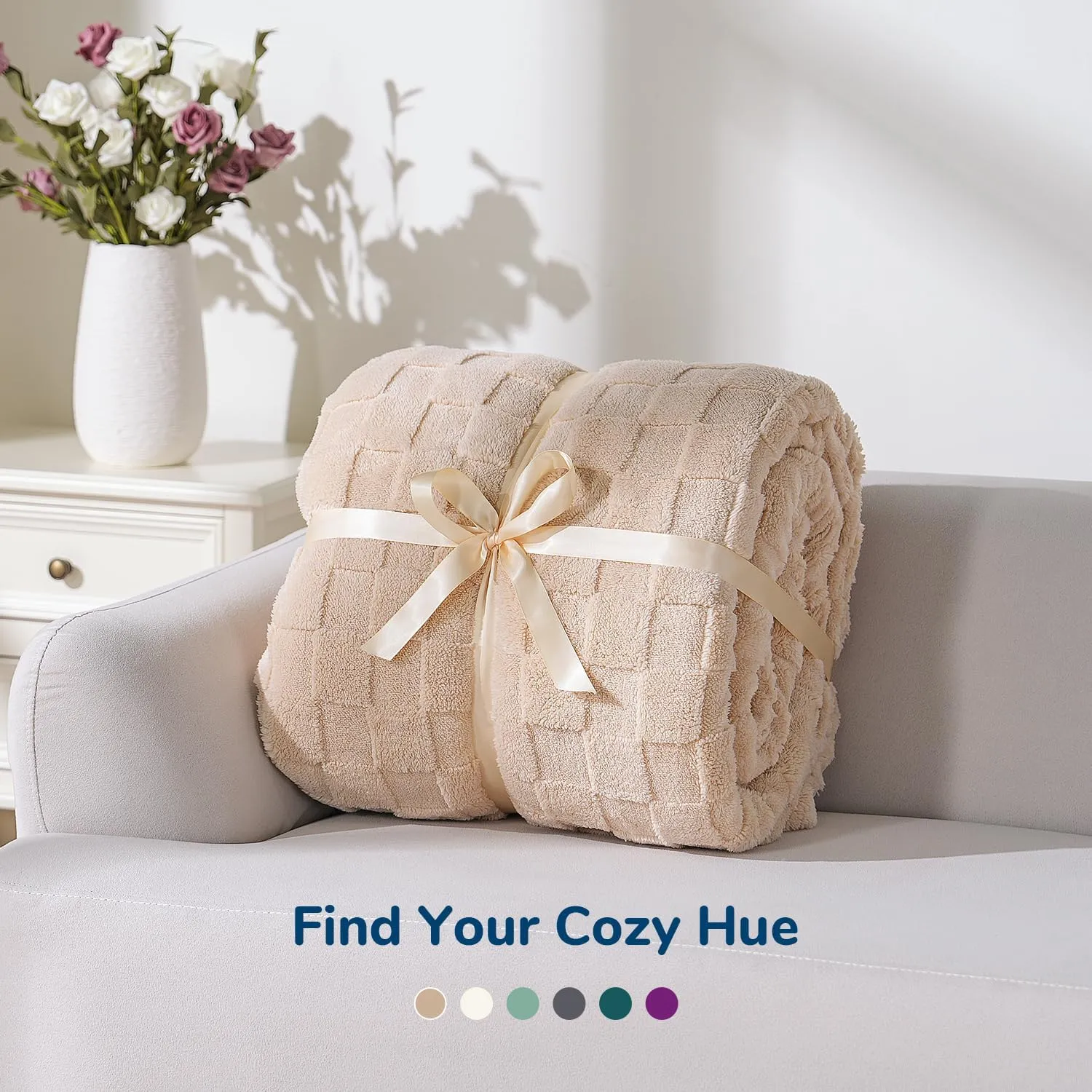 Sherpa Throw Blanket for Couch, Checkered Fleece Warm Blanket for Winter, Soft Fuzzy Cozy Bed Blanket for Women, Reversible Thick Christmas Blanket All Season Use, Beige, 50x60 inches