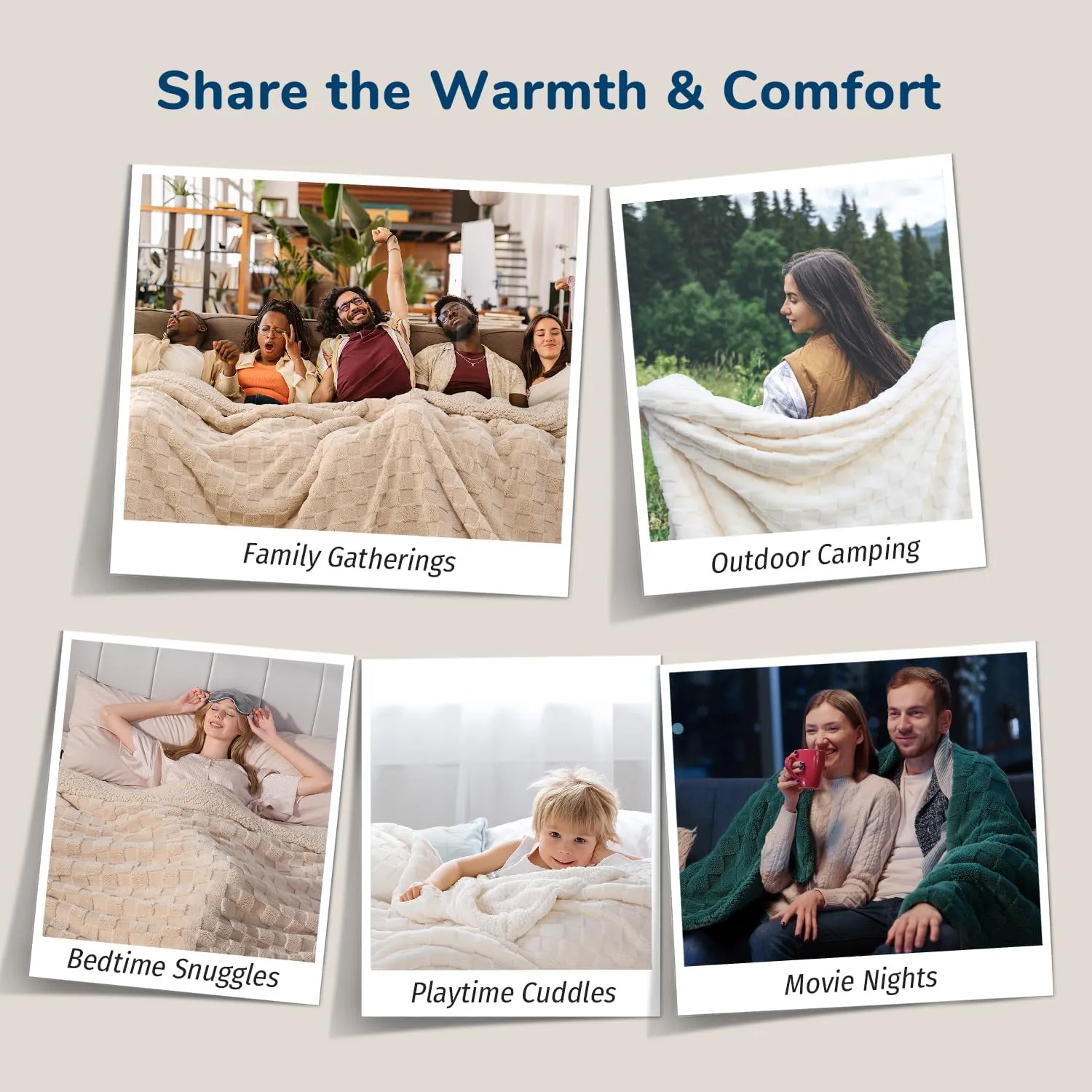 Sherpa Throw Blanket for Couch, Checkered Fleece Warm Blanket for Winter, Soft Fuzzy Cozy Bed Blanket for Women, Reversible Thick Christmas Blanket All Season Use, Beige, 50x60 inches