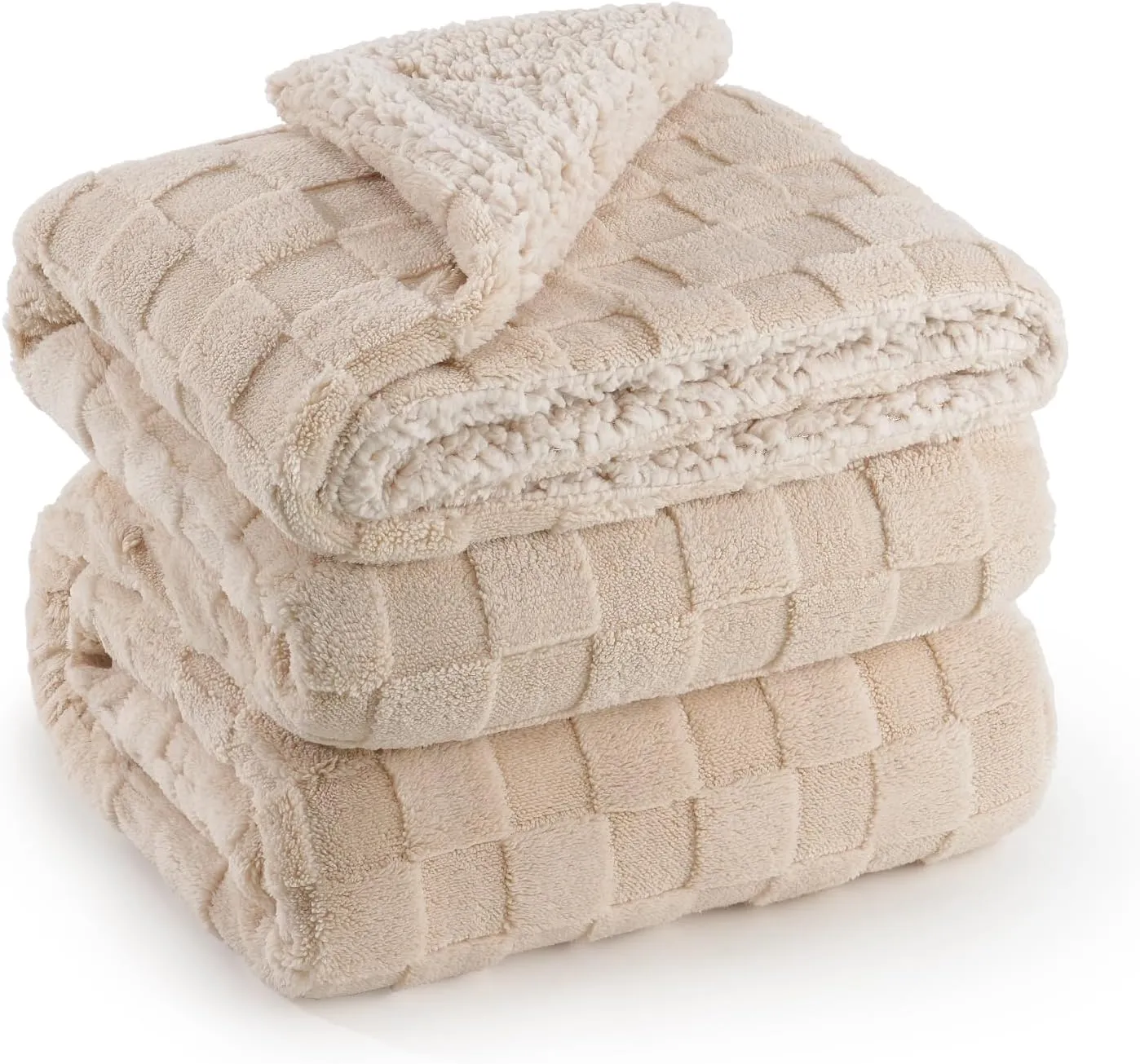 Sherpa Throw Blanket for Couch, Checkered Fleece Warm Blanket for Winter, Soft Fuzzy Cozy Bed Blanket for Women, Reversible Thick Christmas Blanket All Season Use, Beige, 50x60 inches