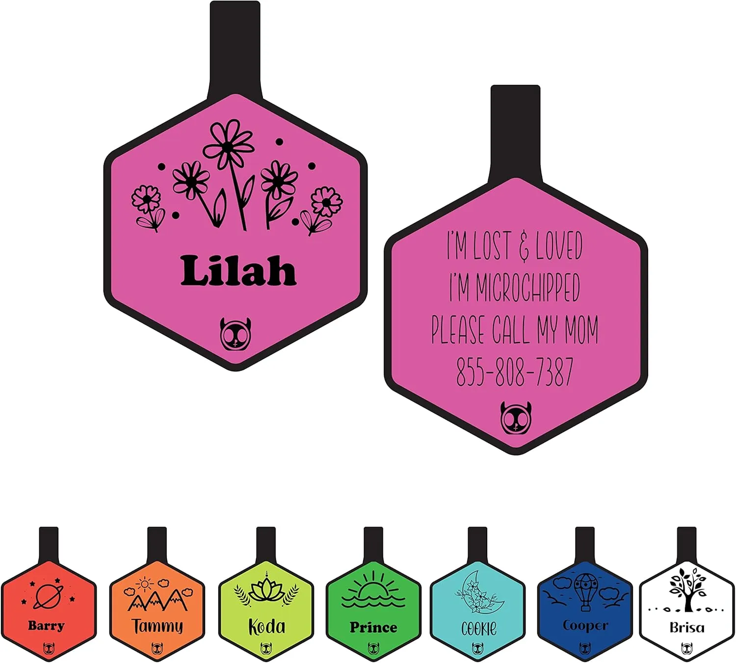 Silicone Silent Dog Tag Personalized with 5 Lines of Custom Deep Engraved Durable Soundless Pet ID Name Tag Hexagon Designer Pink