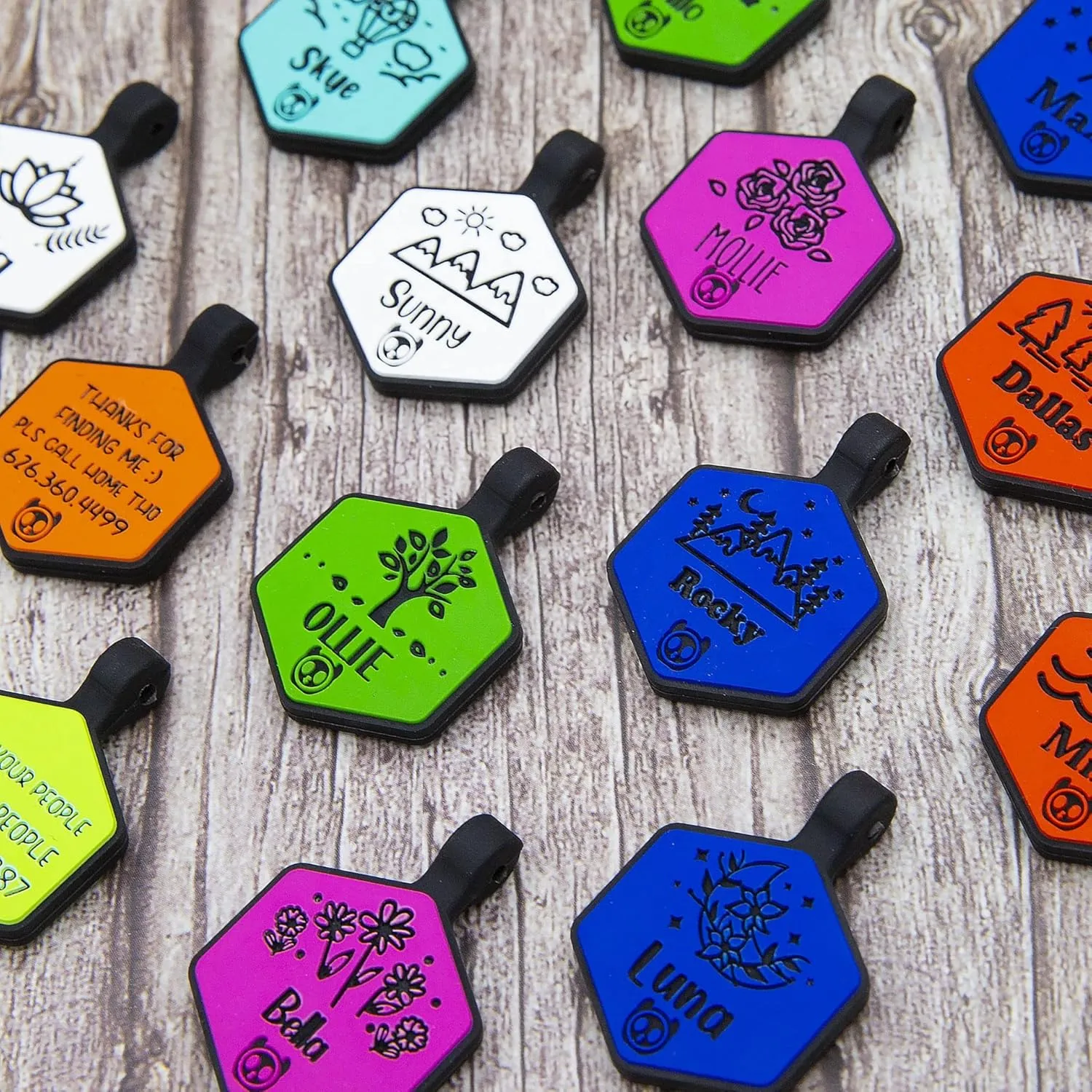 Silicone Silent Dog Tag Personalized with 5 Lines of Custom Deep Engraved Durable Soundless Pet ID Name Tag Hexagon Designer Pink