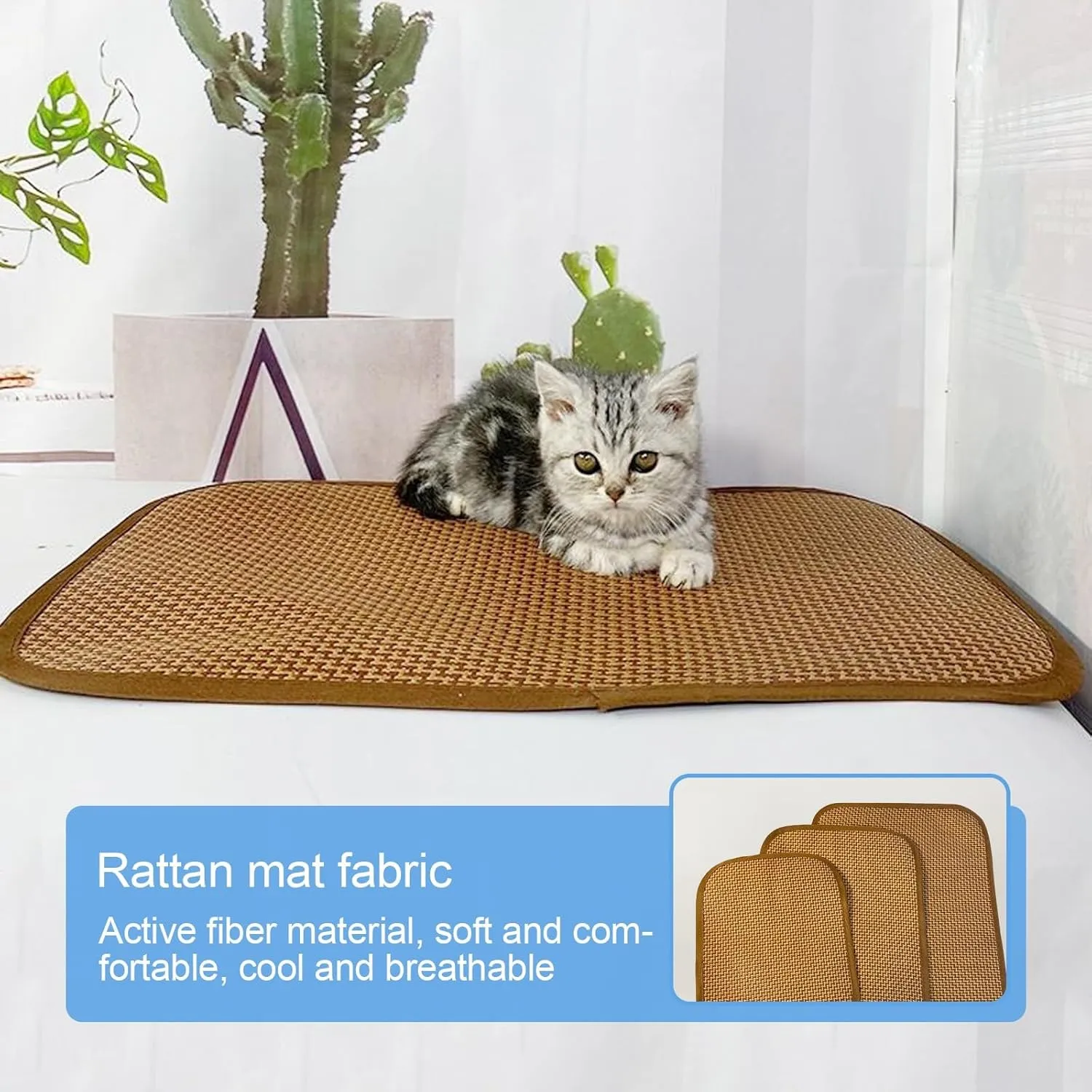 Summer Bamboo Rattan Woven Dog Cooling Bed, Breathable Cat Cooling Mat, Wear-Resistant and Scratch-Resistant(60 * 90CM/24 * 35IN)