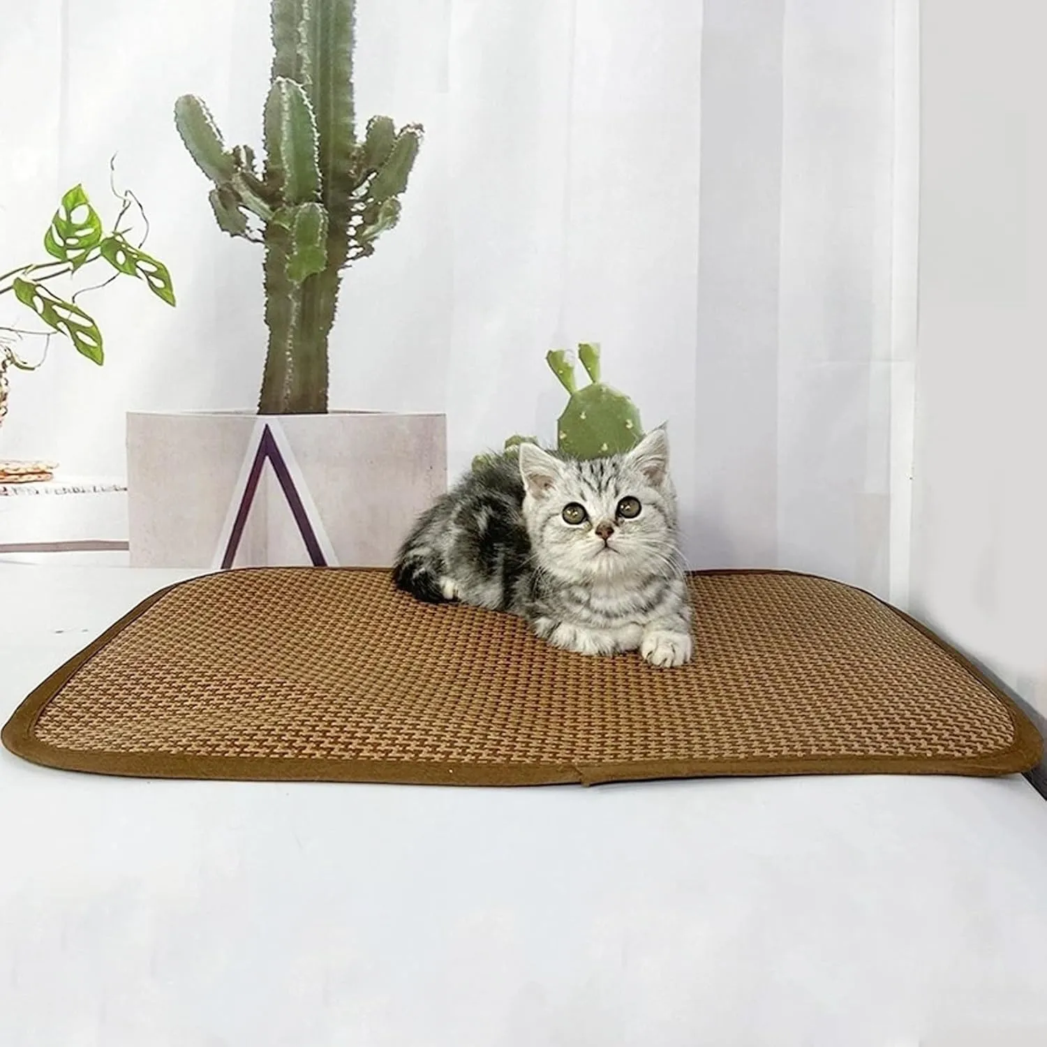 Summer Bamboo Rattan Woven Dog Cooling Bed, Breathable Cat Cooling Mat, Wear-Resistant and Scratch-Resistant(60 * 90CM/24 * 35IN)