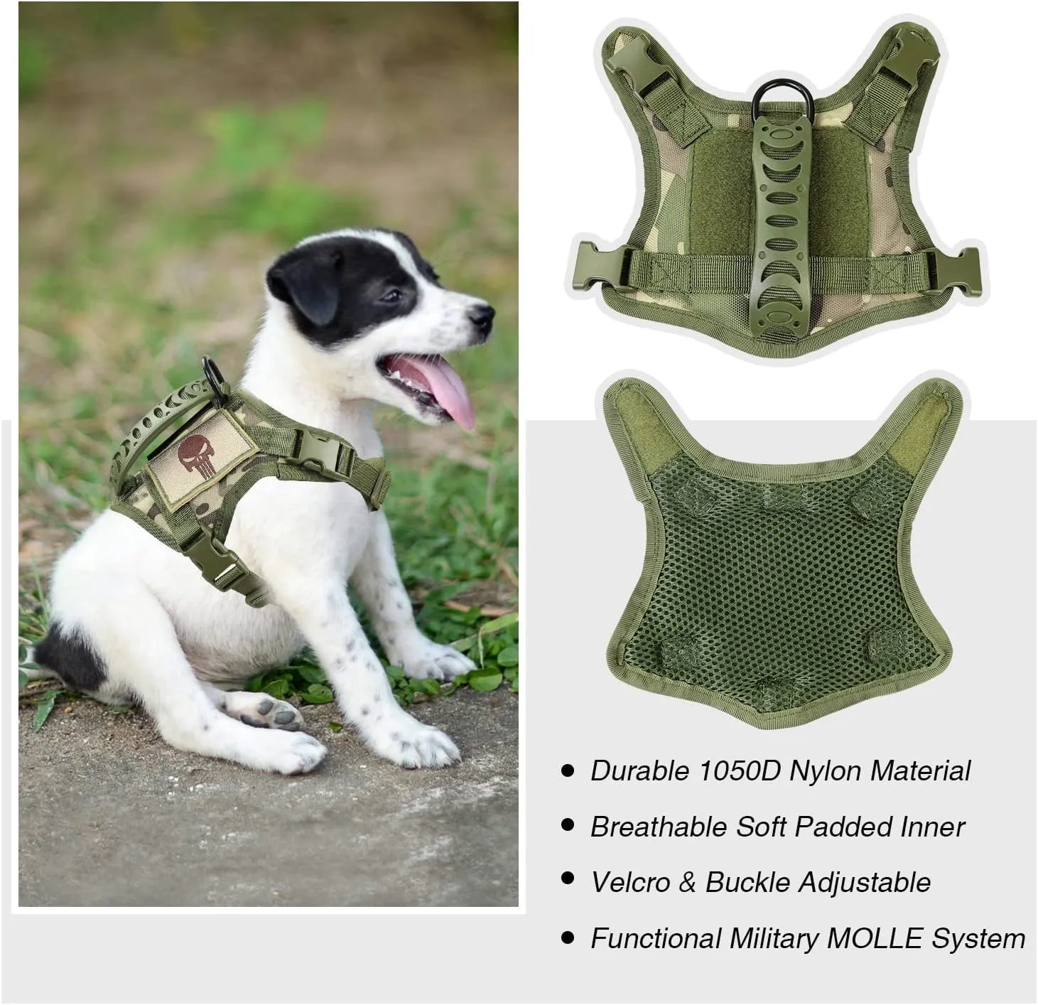 Tactical Dog Training Harness Outdoor Working Vest Adjustable Military MOLLE Dog Vest Harness with Rubber Handle (X-Small (Pack of 1), Camo)