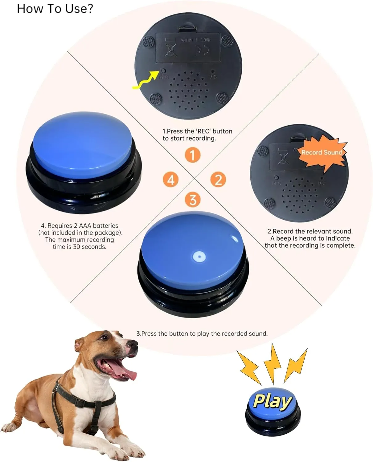 Voice Recording Button, Dog Buttons for Communication and Pet Training 30-Second Record & Playback Talking Button Buzzer for Study, Office, Family, and Kids (Blue)